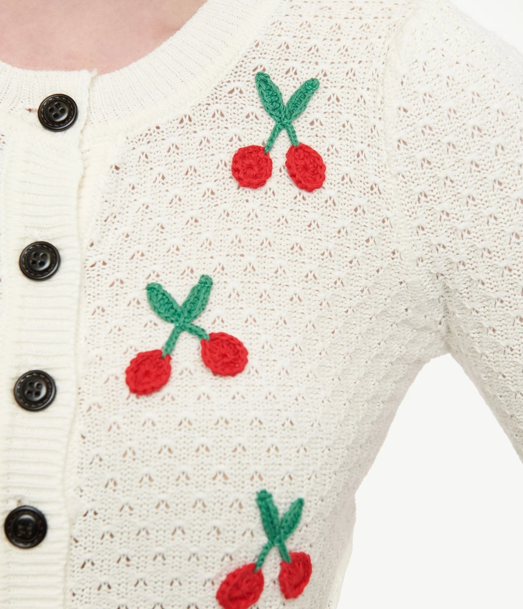 1950s Style Ivory Oatmeal & Cherries Crochet Button Up Cardigan