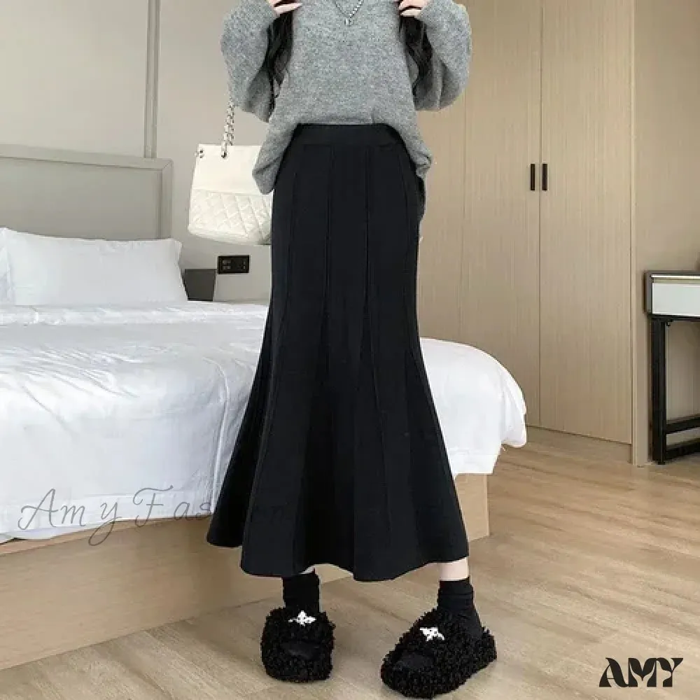 Autumn Winter Knitted Long Korean Fashion Temperament Elegant High Waist Solid Slim Black Fishtail Skirt