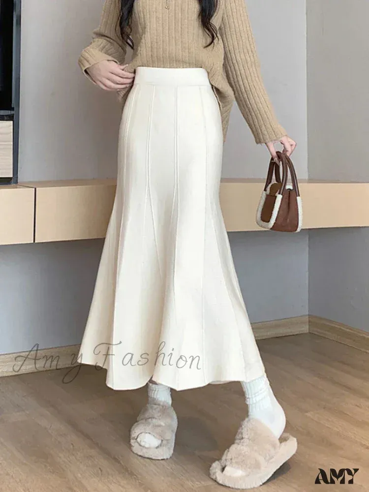 Autumn Winter Knitted Long Korean Fashion Temperament Elegant High Waist Solid Slim Black Fishtail Skirt