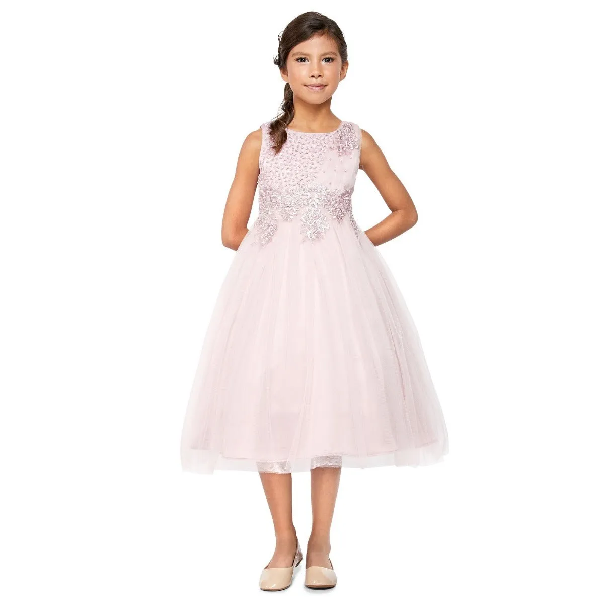 Big Girls Dusty Rose Pearl Bead Coiled Lace Tulle Junior Bridesmaid Dress 8-14