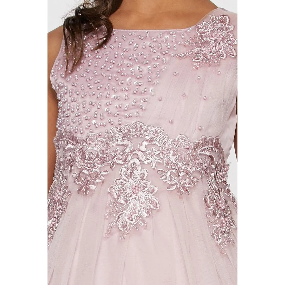 Big Girls Dusty Rose Pearl Bead Coiled Lace Tulle Junior Bridesmaid Dress 8-14