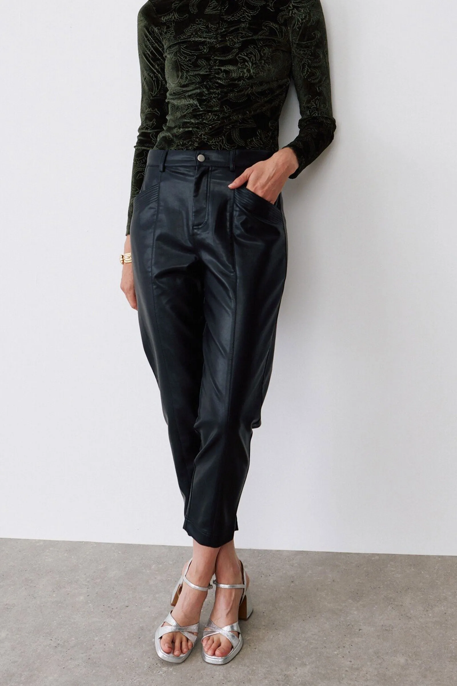 Black Faux Leather Tapered Leg Trousers