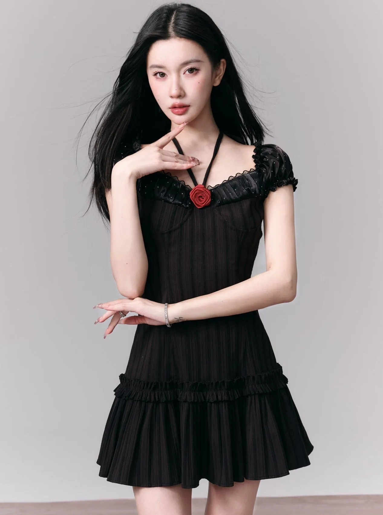 Black Puff Sleeve Ruffle Mini Dress with Halter Tie