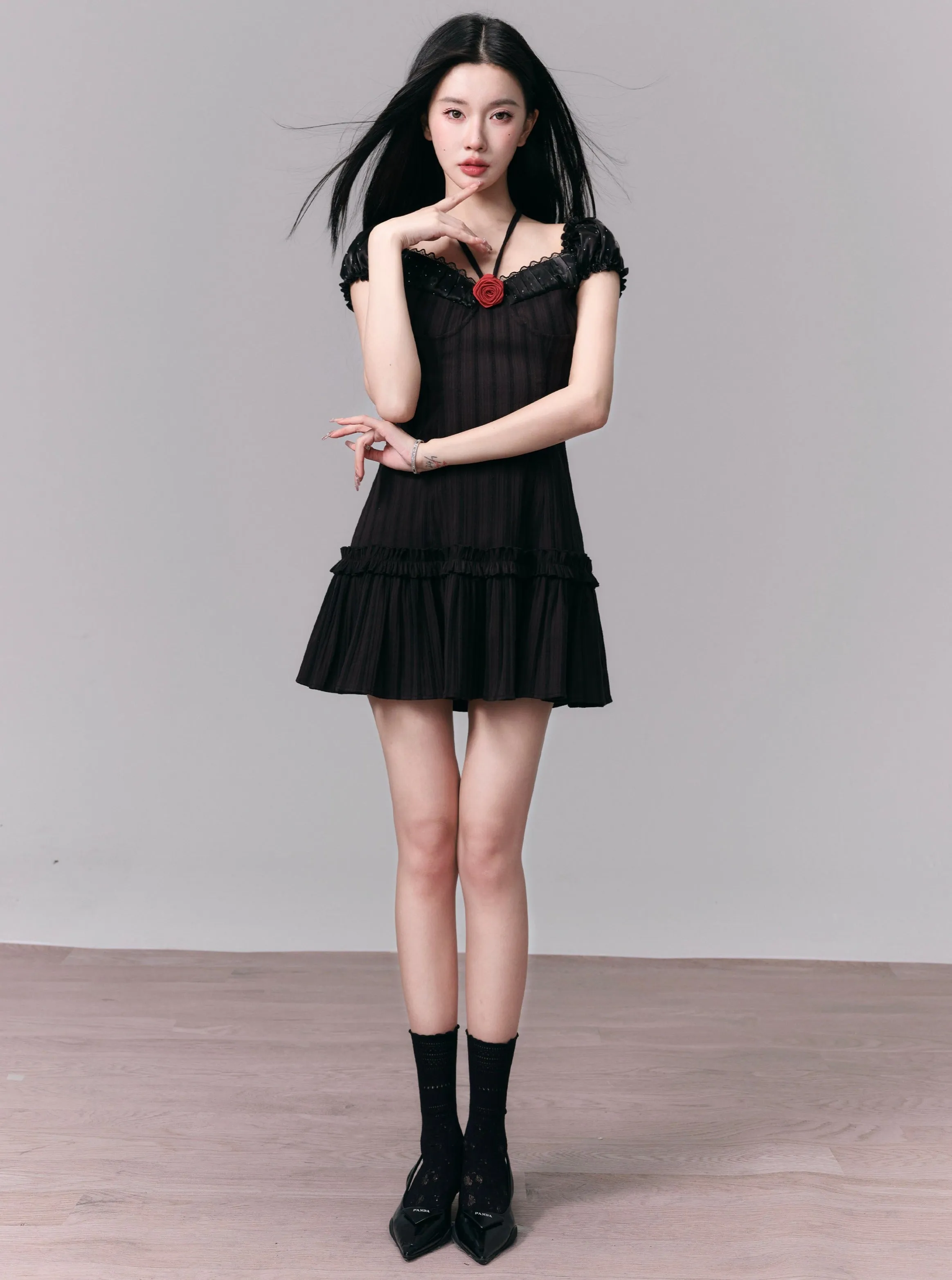 Black Puff Sleeve Ruffle Mini Dress with Halter Tie