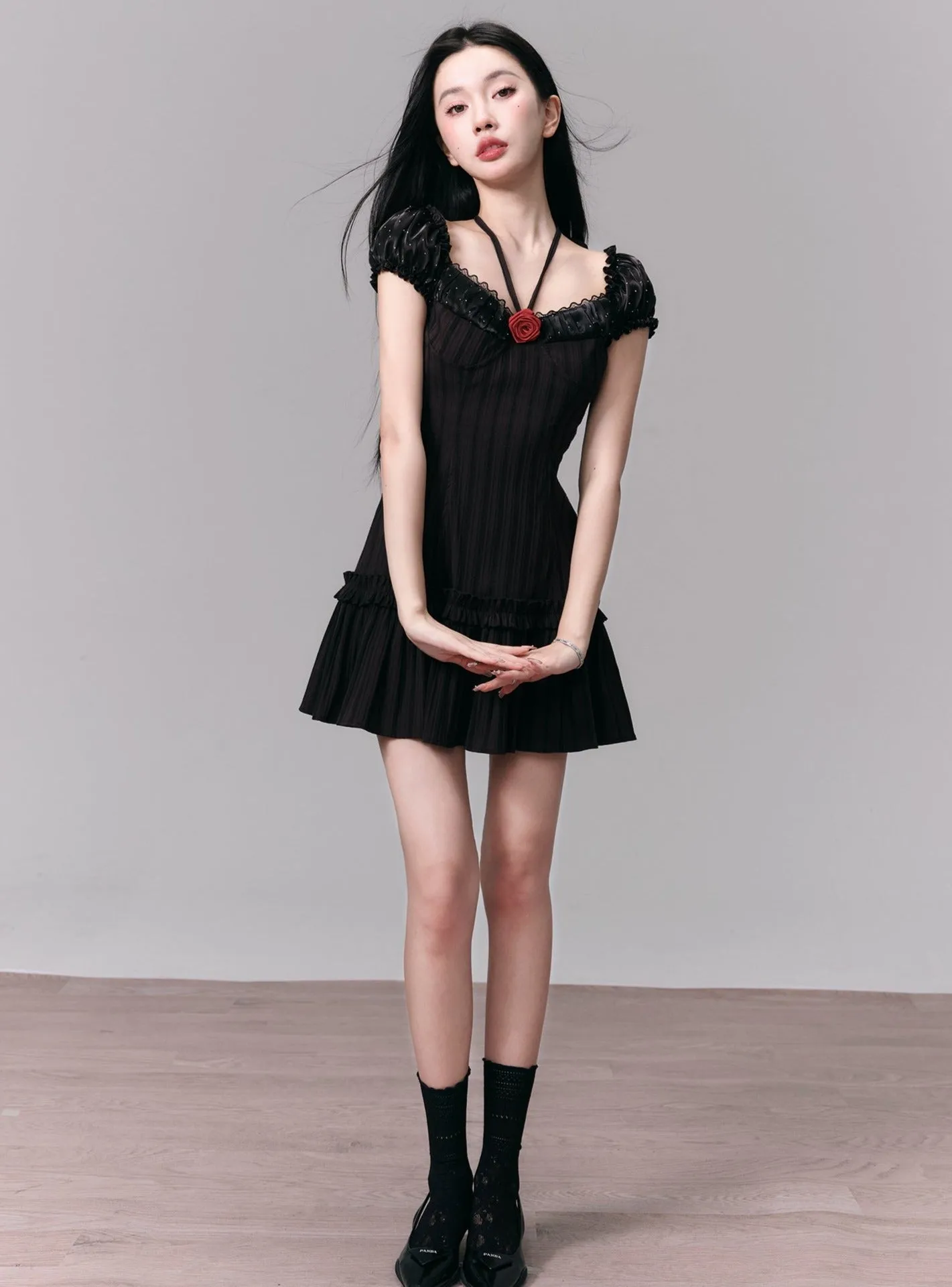 Black Puff Sleeve Ruffle Mini Dress with Halter Tie