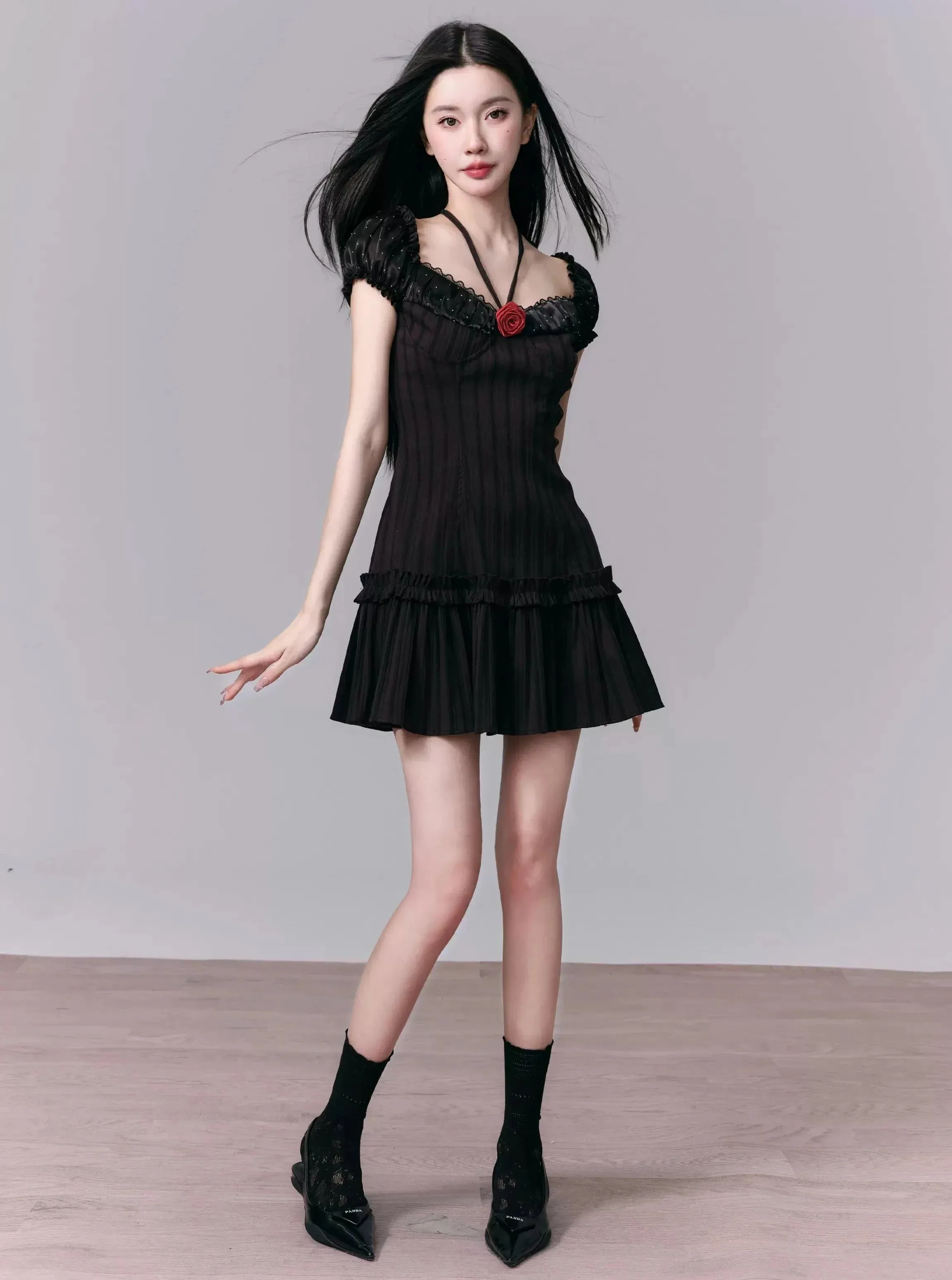 Black Puff Sleeve Ruffle Mini Dress with Halter Tie