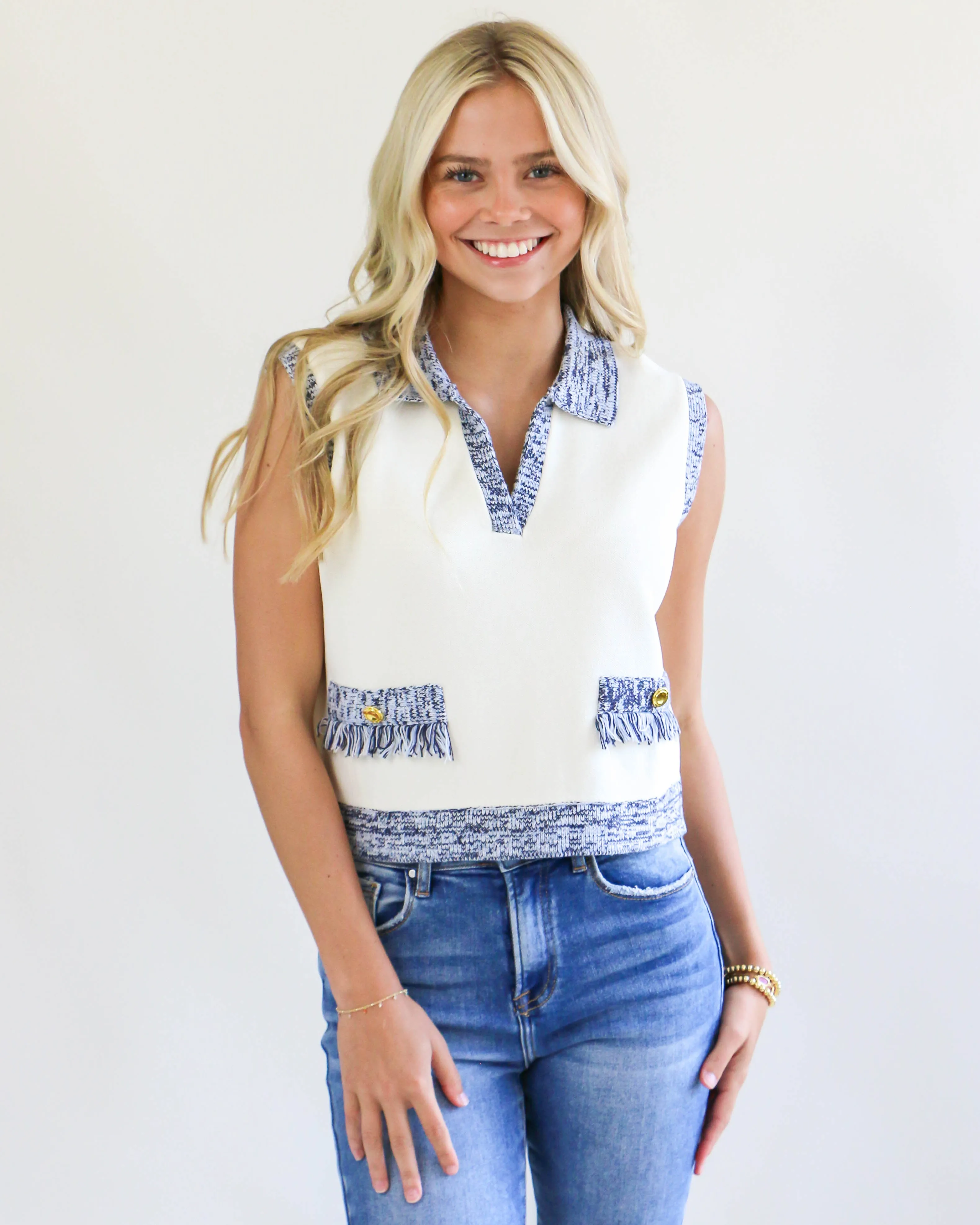 Blue & Cream Sleeveless Collared Top