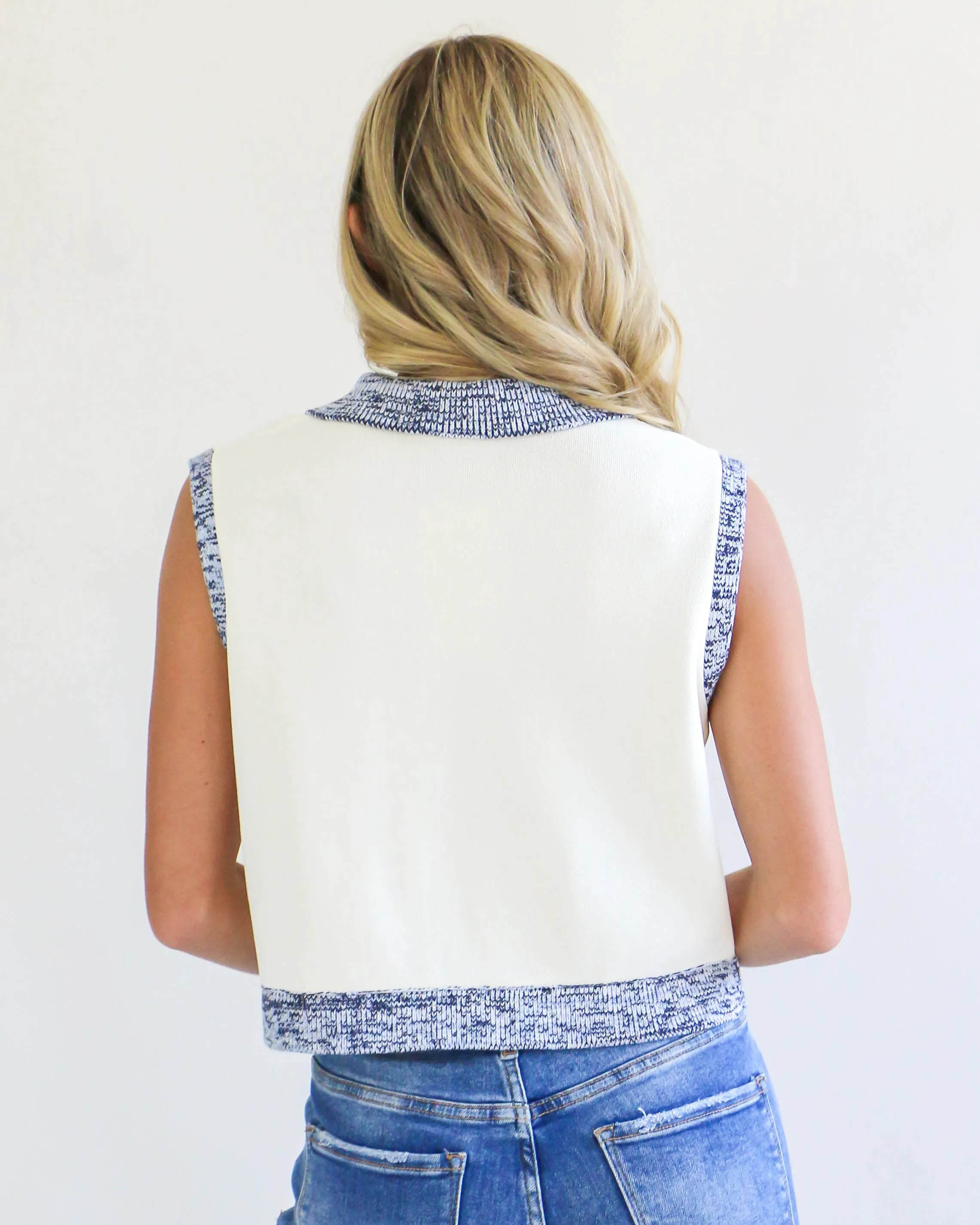 Blue & Cream Sleeveless Collared Top