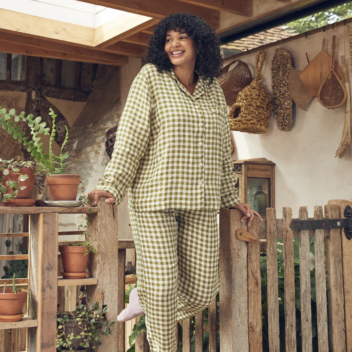 Botanical Green Gingham Linen Pyjama Trousers