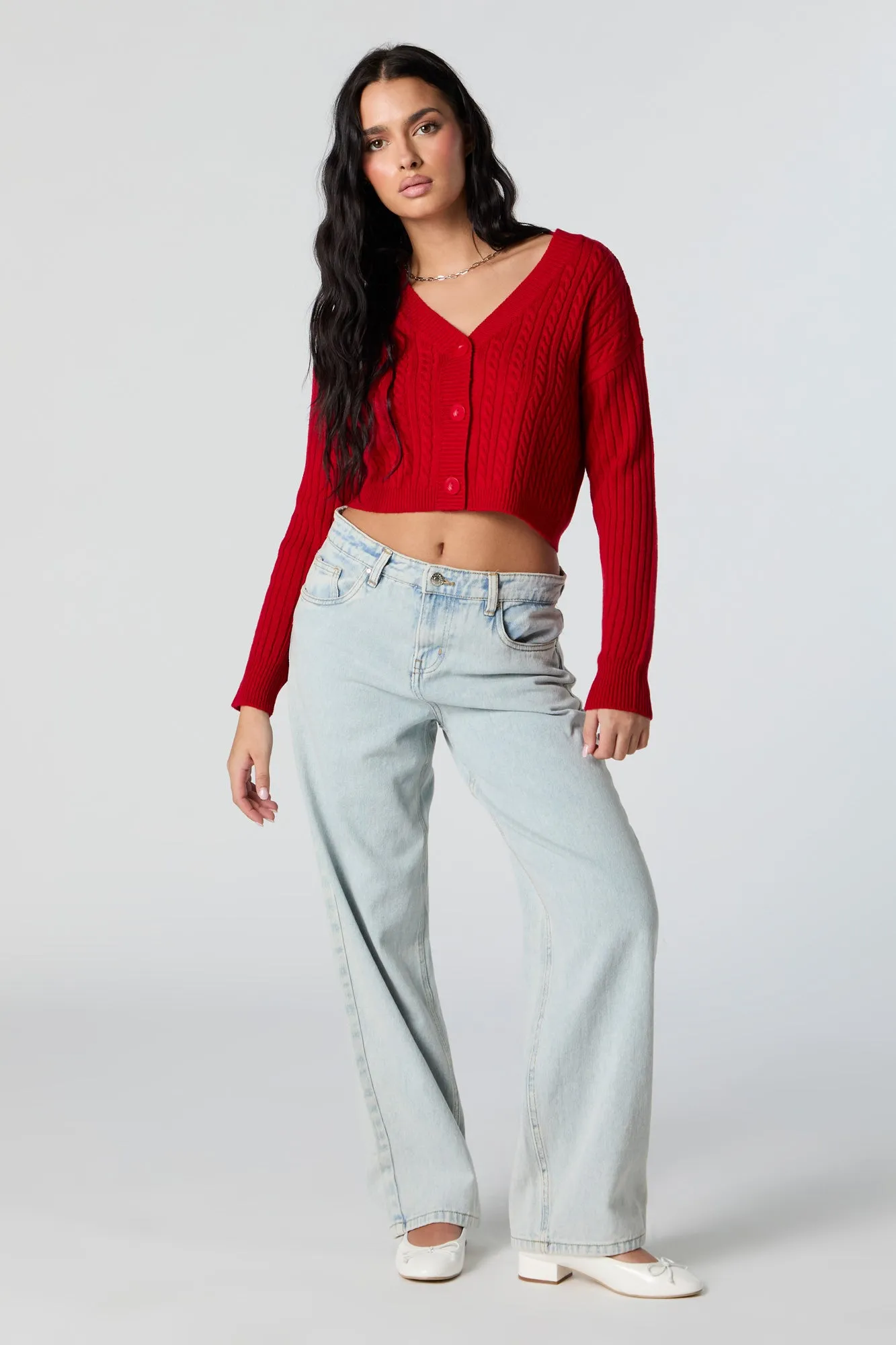 Cable Knit Button-Up Cropped Cardigan