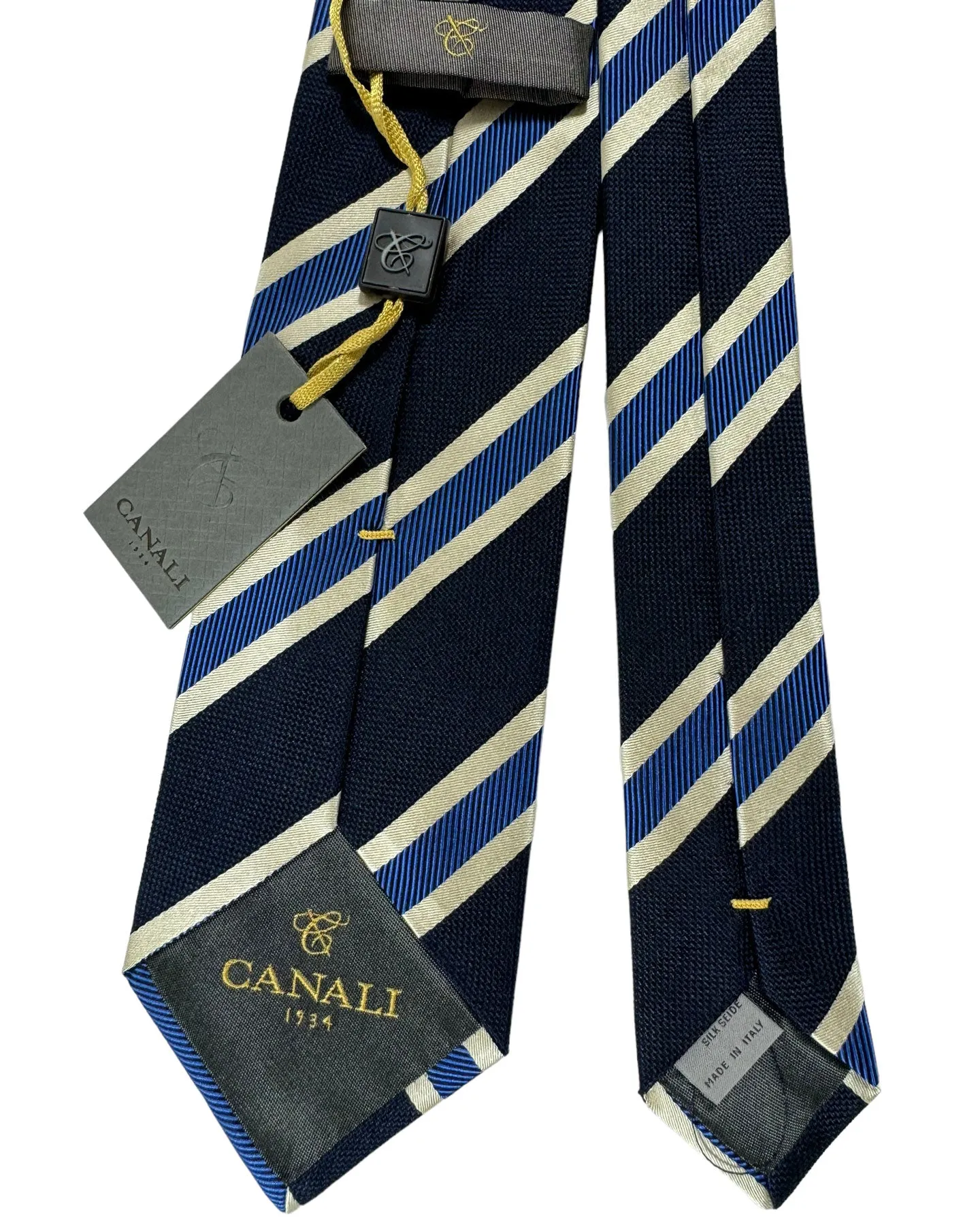 Canali Silk Tie Navy Royal Blue Silver Stripes Pattern