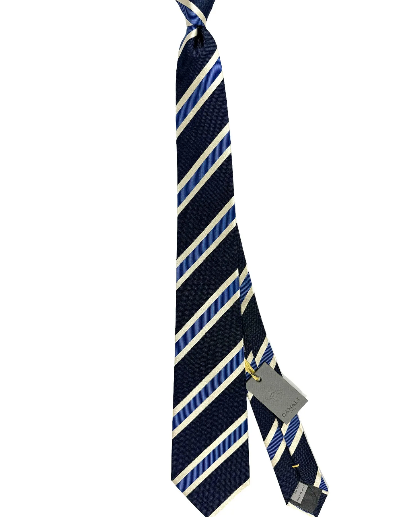 Canali Silk Tie Navy Royal Blue Silver Stripes Pattern