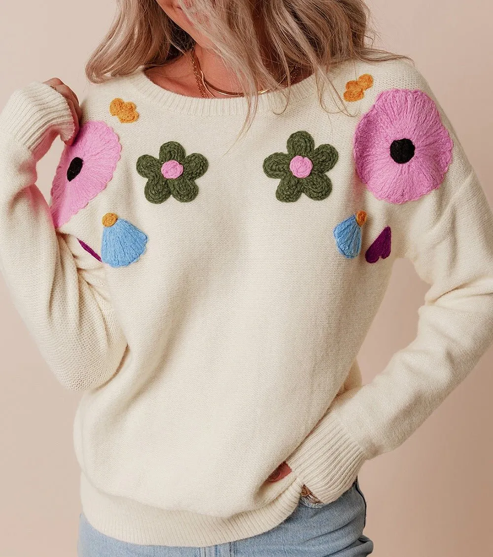 Crochet Flower Round Neck Dropped Shoulder Sweater