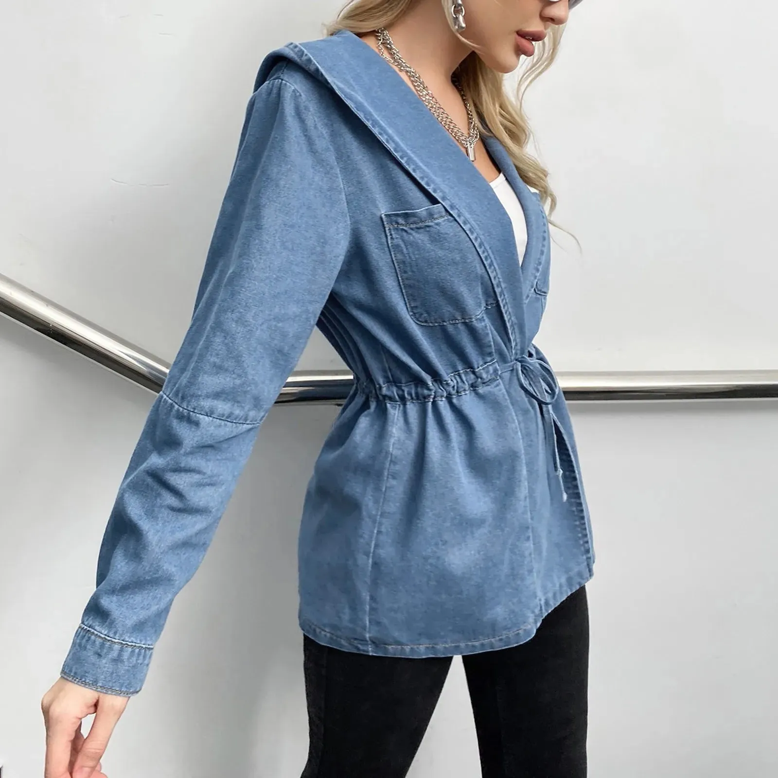 Fashion Oversized Lace-Up Waist Long Sleeve Chic Hooded Denim Jackets