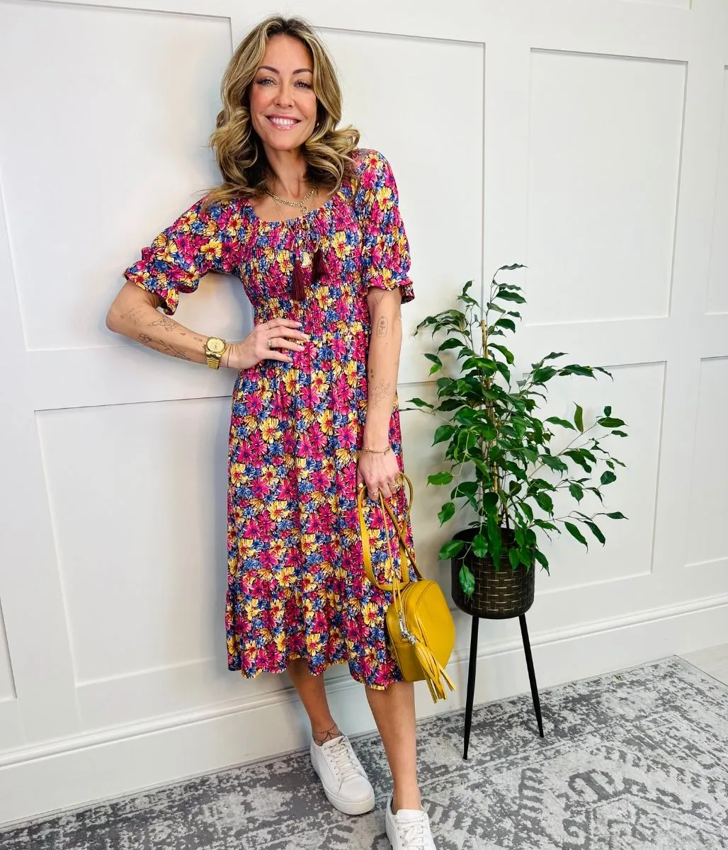 Floral Shirred Tassel Midi Dress