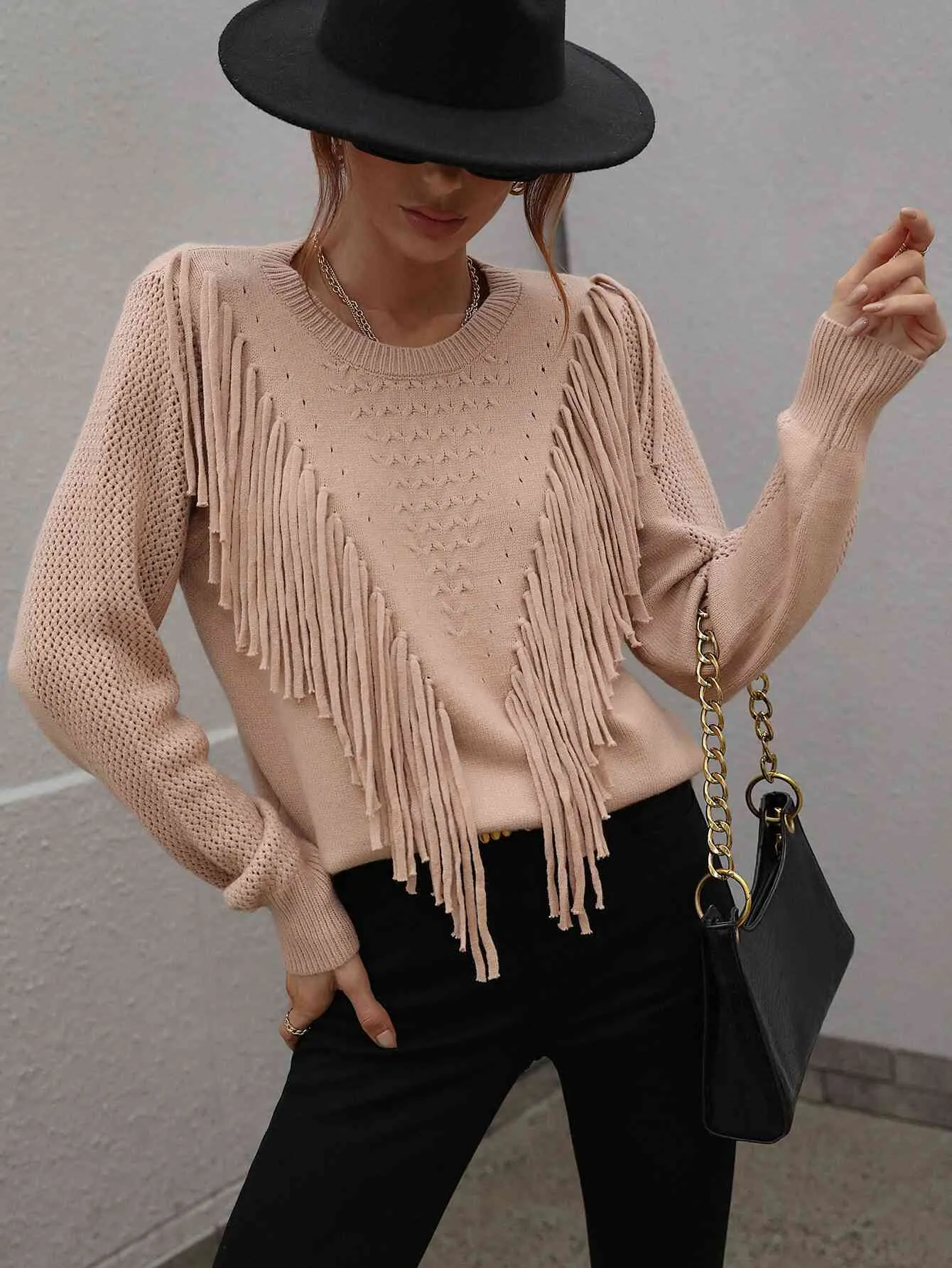 Fringe Detail Ribbed Trim Sweater