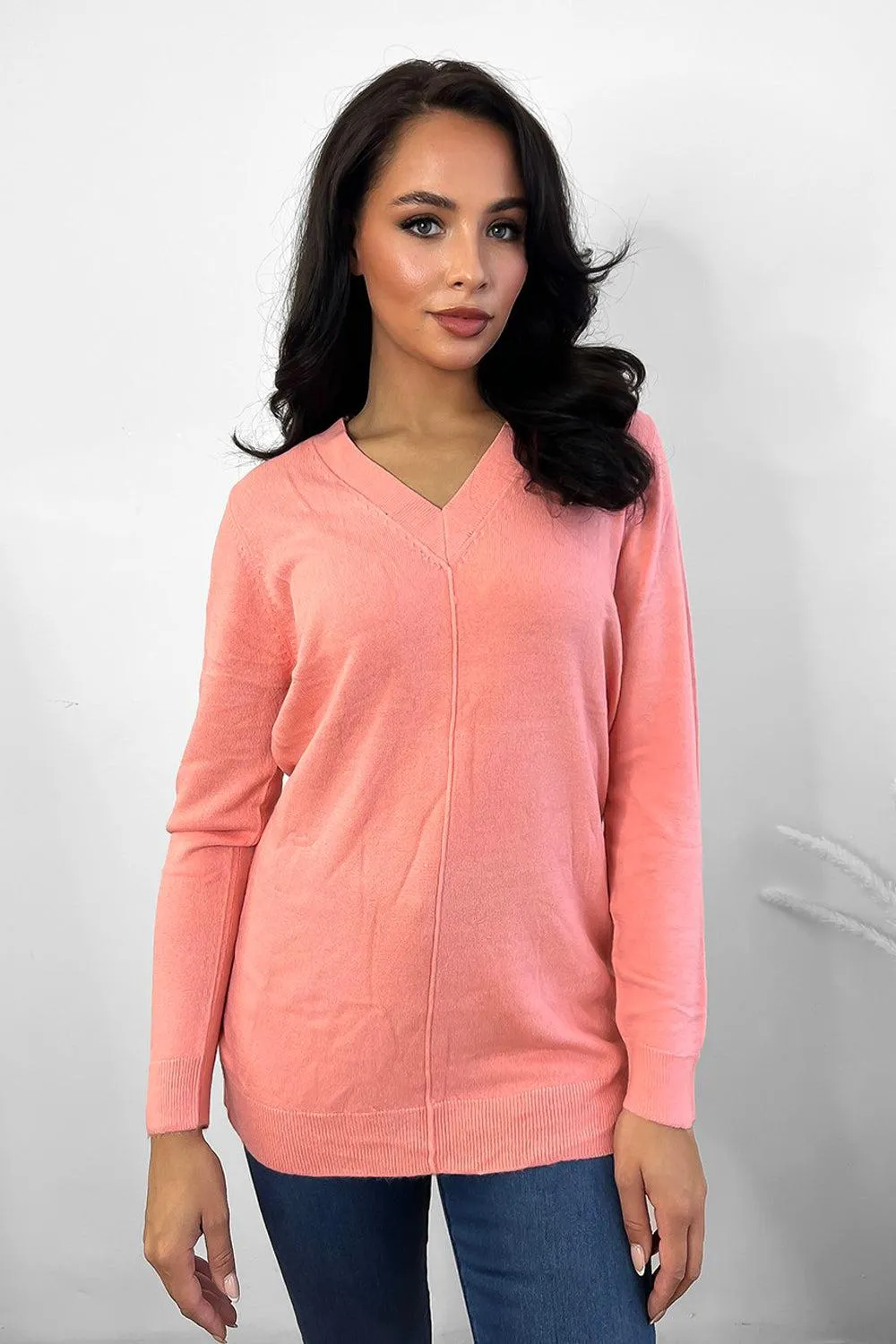 Front Seam V-Neck Soft Knit Pullover