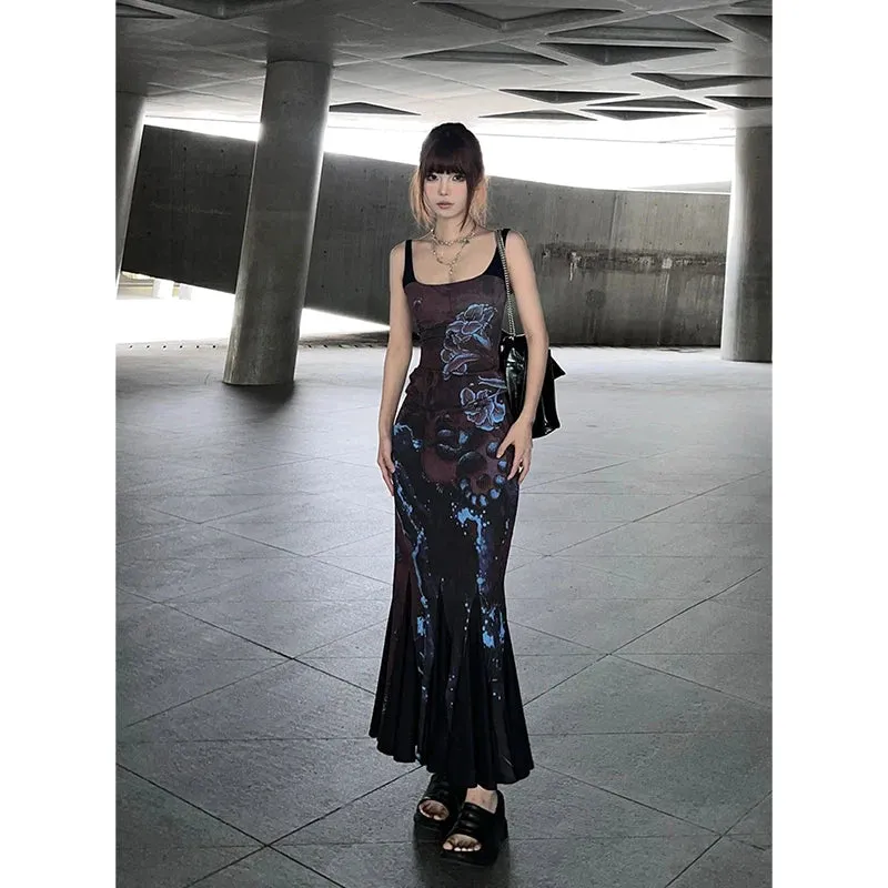 Girlary Chinese style retro spice girl halter dress feminine temperament senior sense slim slim fishtail long skirt