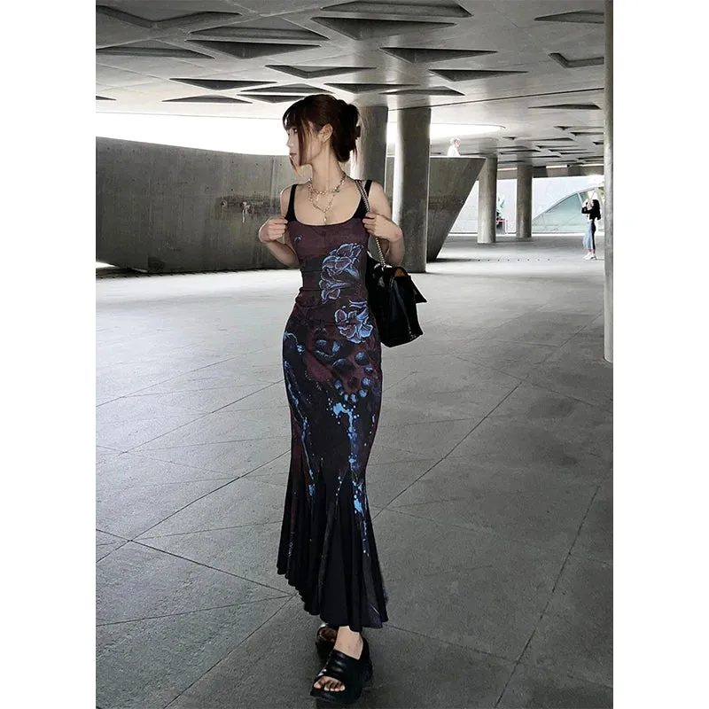 Girlary Chinese style retro spice girl halter dress feminine temperament senior sense slim slim fishtail long skirt