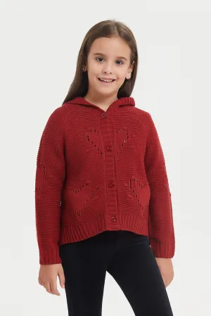 Girls Red Button Front Cardigan