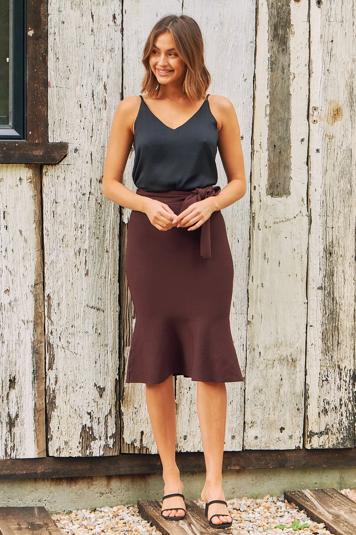 Harper Chocolate Tie Waist Fishtail Skirt