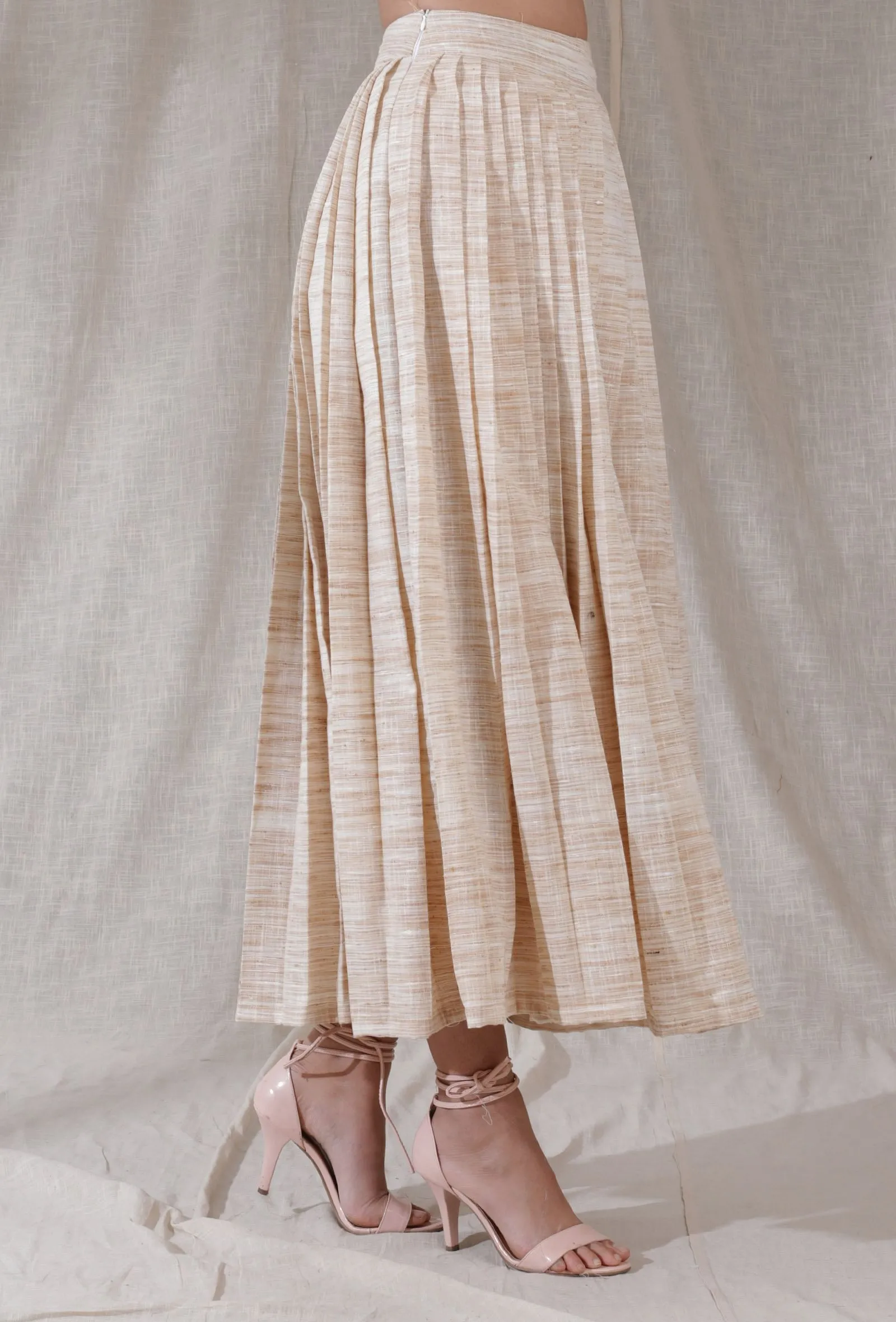 Ivory tan color khadi pleated flared ankle length skirt