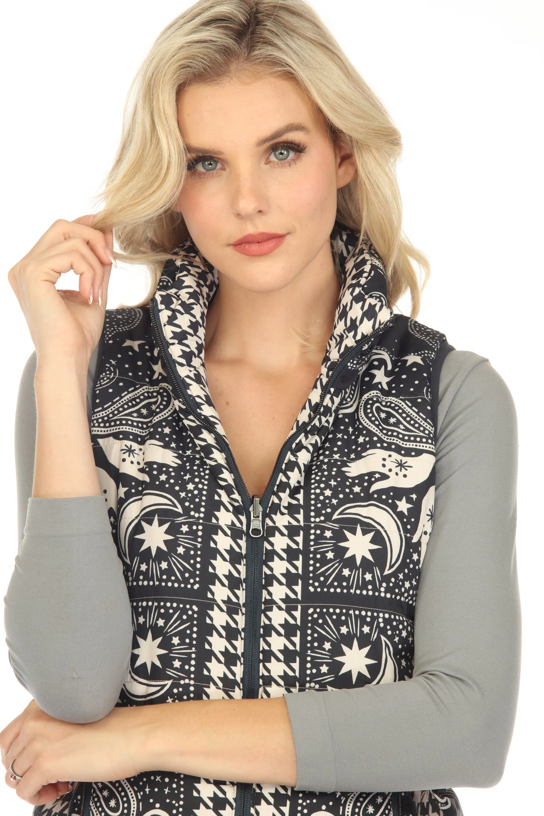 Johnny Was Sasha Mixed Print Zip Front Reversible Vest Boho Chic C48923