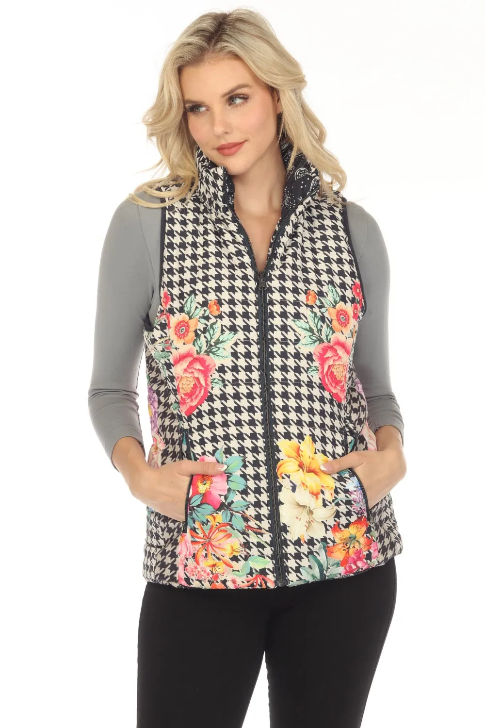 Johnny Was Sasha Mixed Print Zip Front Reversible Vest Boho Chic C48923