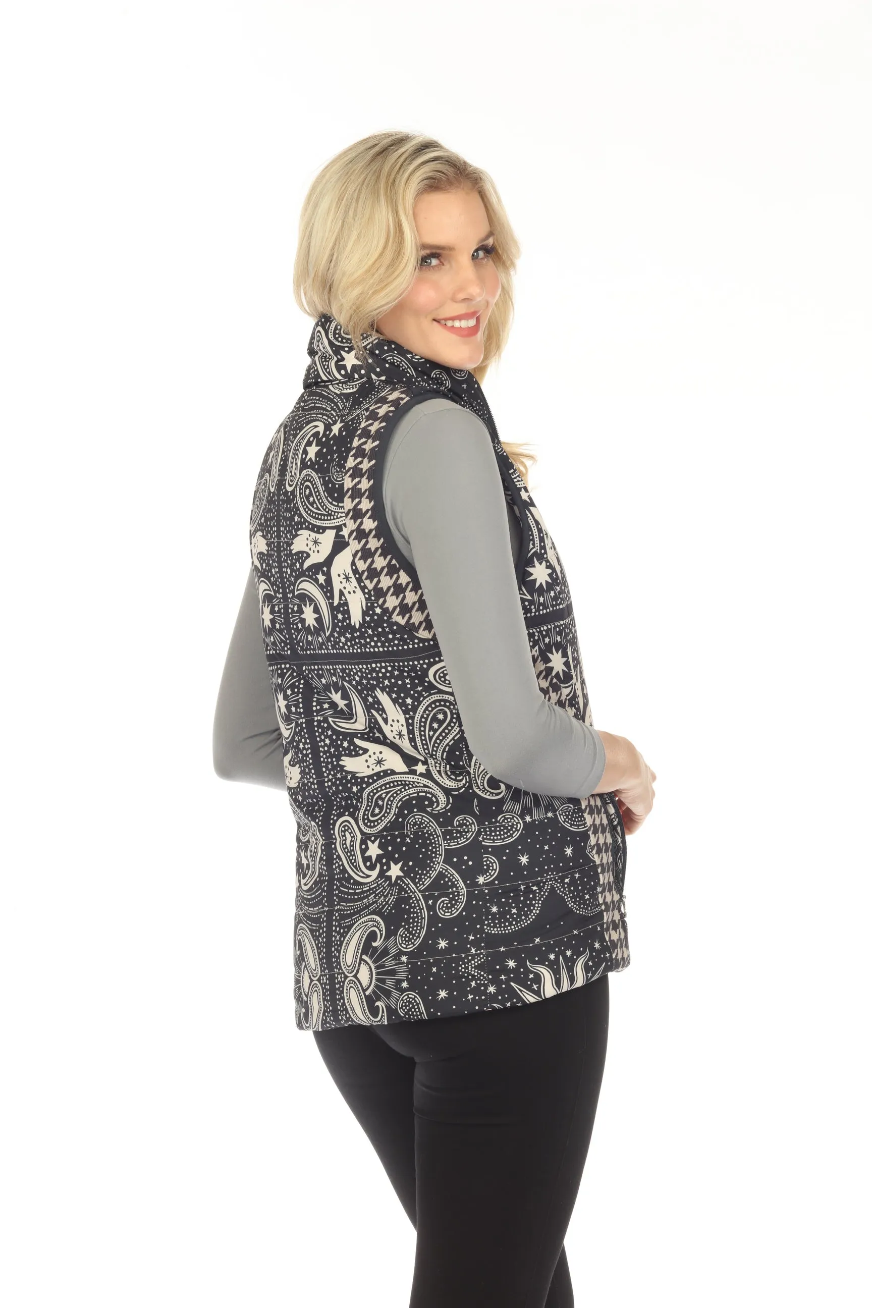 Johnny Was Sasha Mixed Print Zip Front Reversible Vest Boho Chic C48923