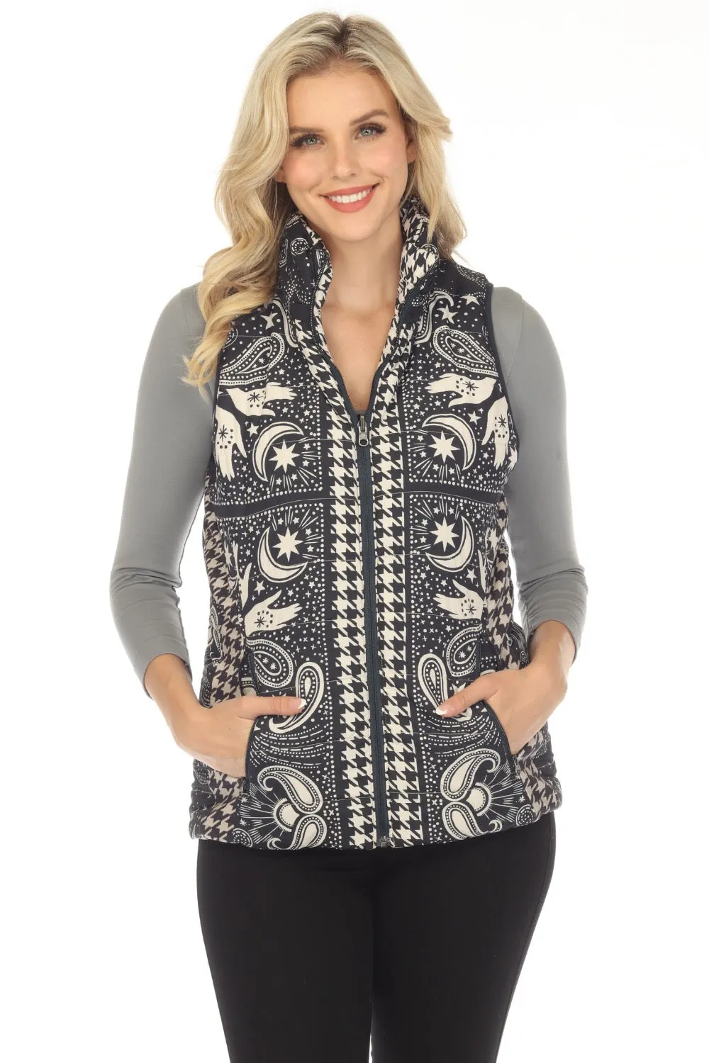 Johnny Was Sasha Mixed Print Zip Front Reversible Vest Boho Chic C48923