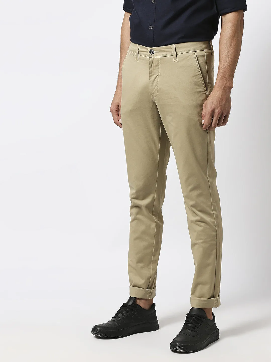 Khaki Slim Tapered Cotton Dobby Lycra Trouser