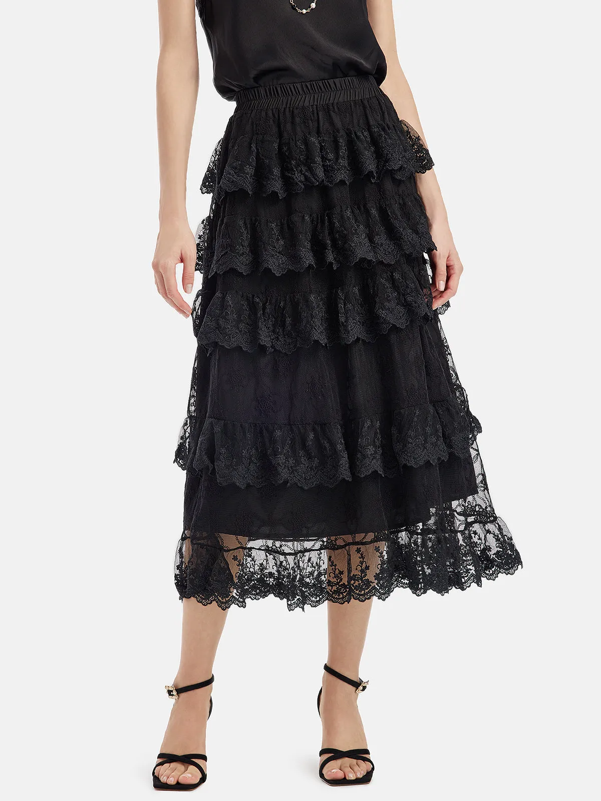 Lace Trim Patchwork Midi Skirt