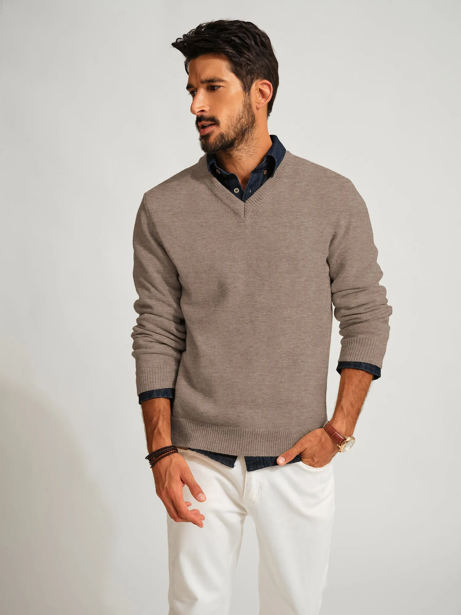 Men Stylish Sweater Long Sleeve V-Neck Ribbed Cuff Pullover Jumper