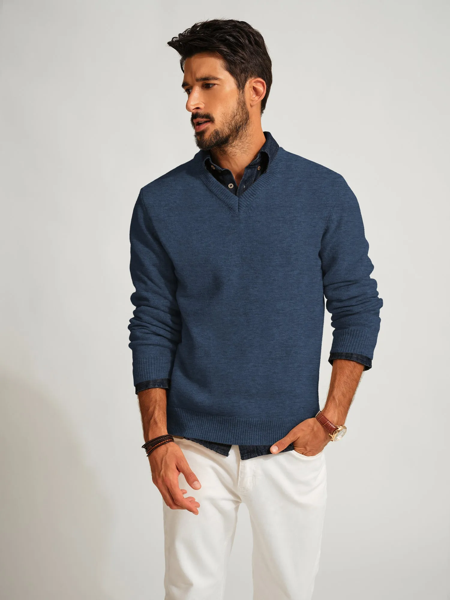 Men Stylish Sweater Long Sleeve V-Neck Ribbed Cuff Pullover Jumper