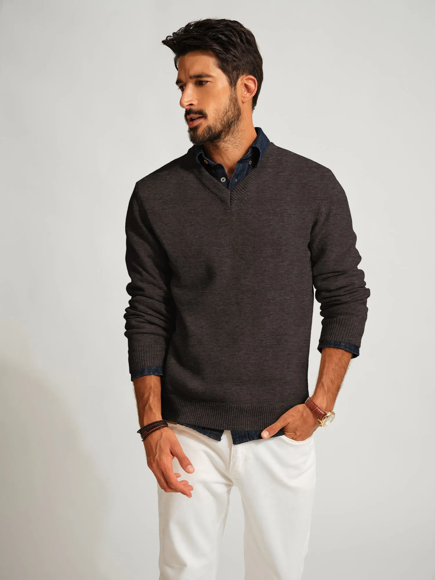 Men Stylish Sweater Long Sleeve V-Neck Ribbed Cuff Pullover Jumper