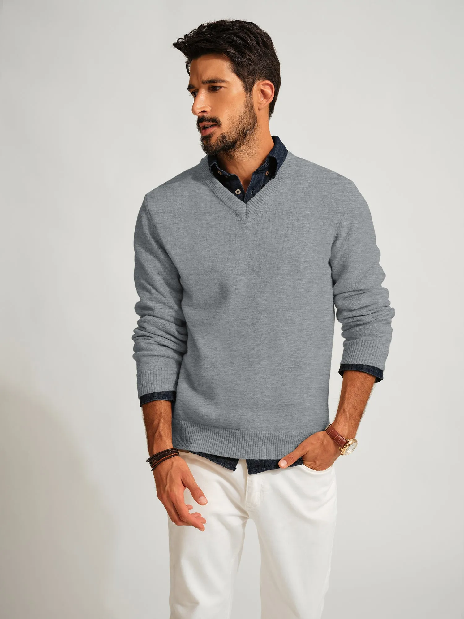 Men Stylish Sweater Long Sleeve V-Neck Ribbed Cuff Pullover Jumper