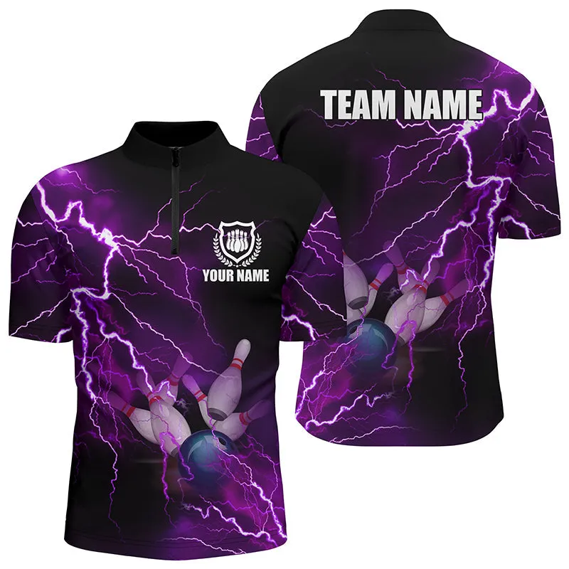 Men's bowling Quarter Zip shirts Custom Many Color Lightning Thunder Bowling Team Jersey, Gift for Bowlers