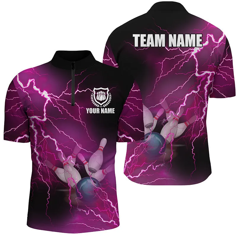 Men's bowling Quarter Zip shirts Custom Many Color Lightning Thunder Bowling Team Jersey, Gift for Bowlers