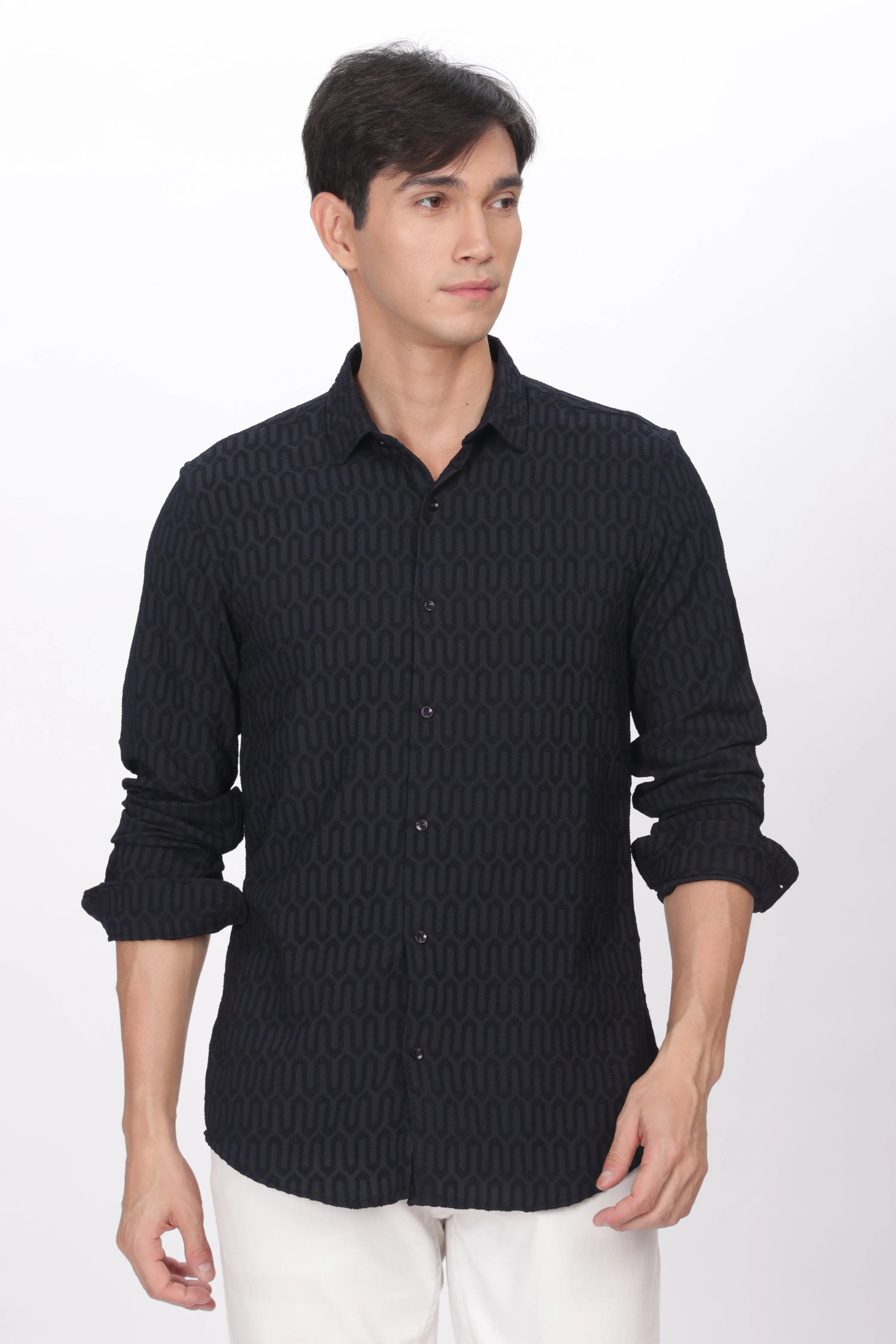 Navy Blue - Modern Fit Textured Shirt