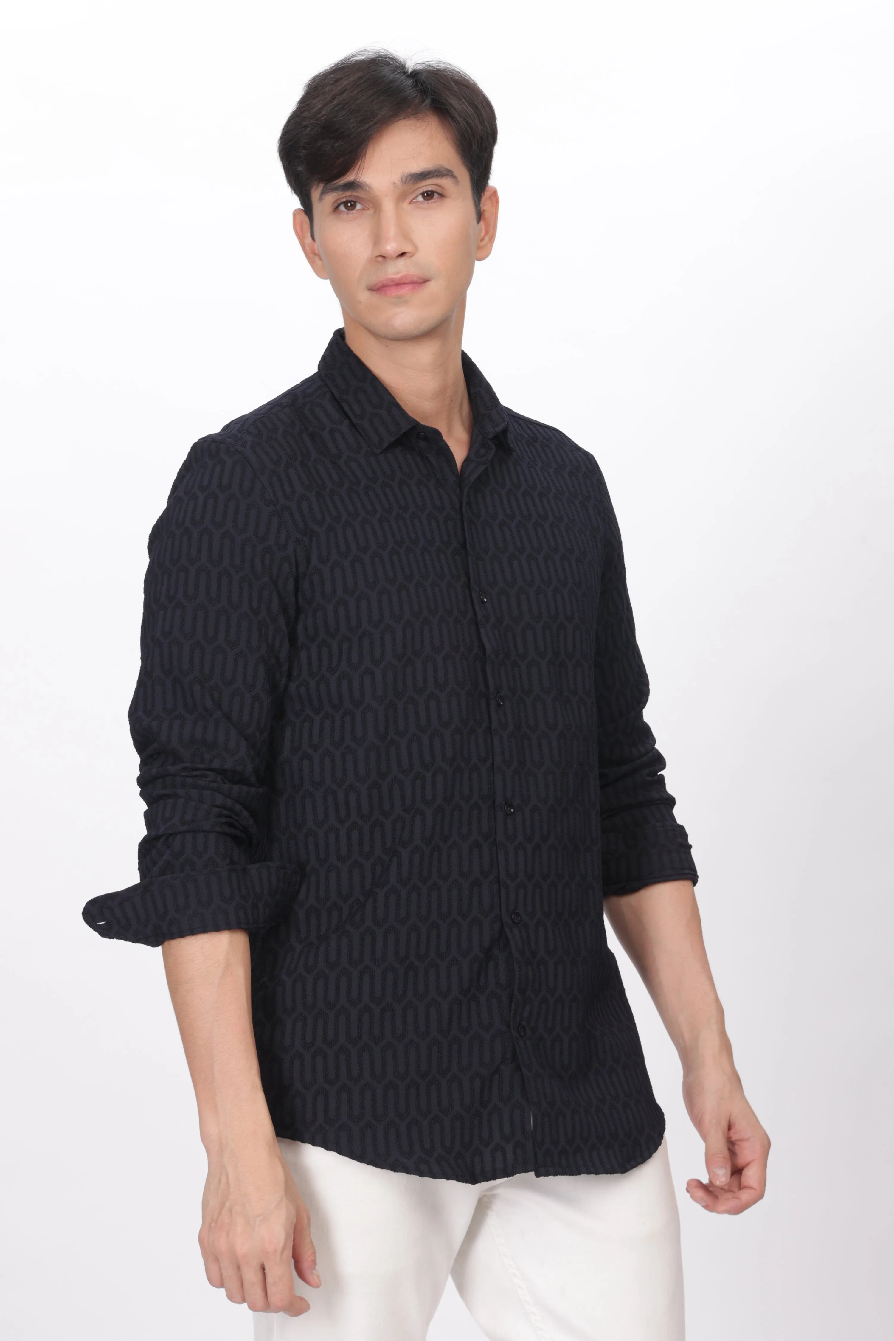 Navy Blue - Modern Fit Textured Shirt