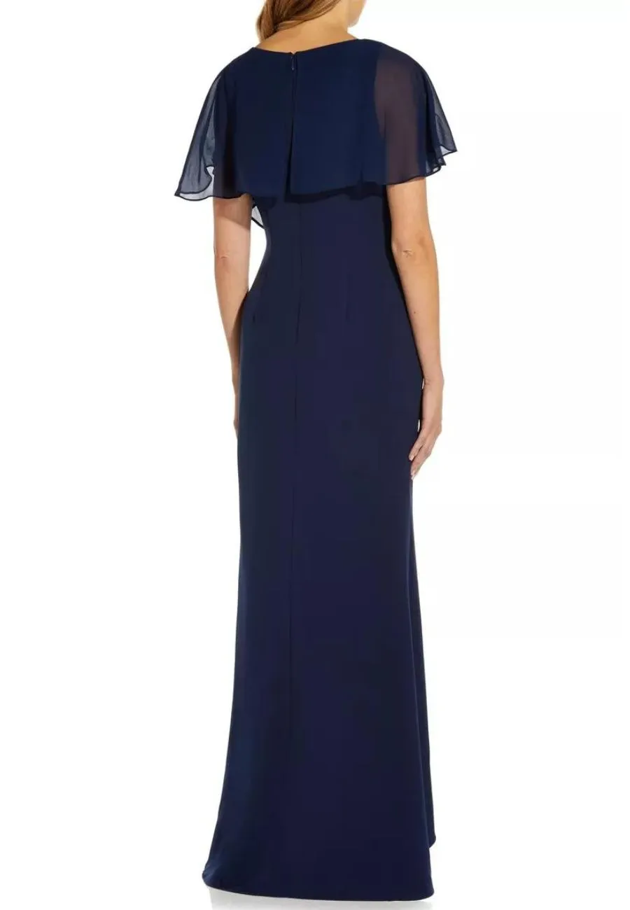 Navy V-neck Chiffon Ruffled Gown