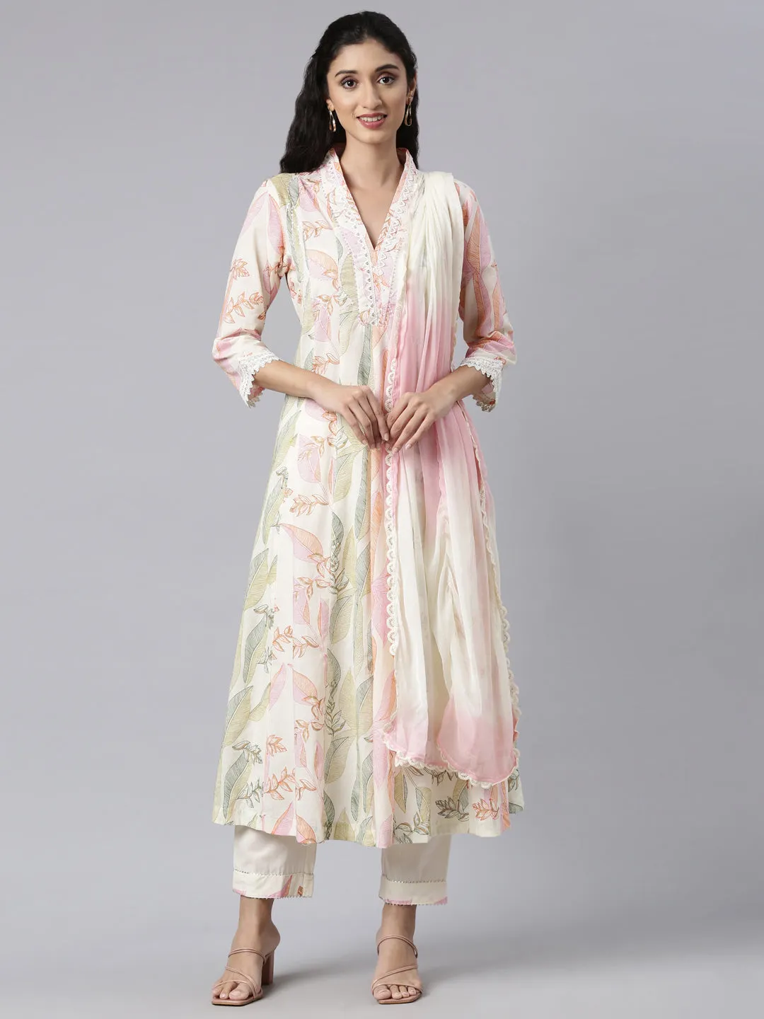 Neerus Cream Panelled Straight Kurta and Trousers With Dupatta