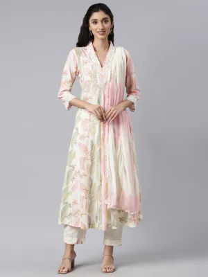 Neerus Cream Panelled Straight Kurta and Trousers With Dupatta