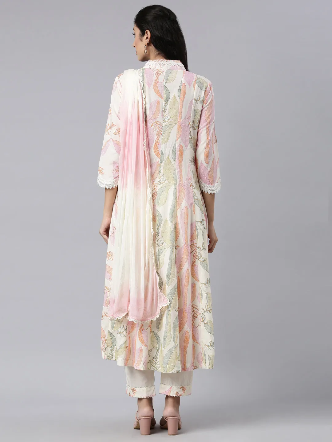 Neerus Cream Panelled Straight Kurta and Trousers With Dupatta