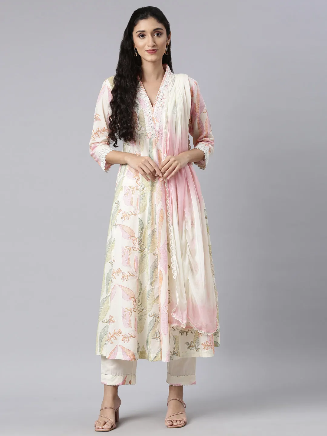 Neerus Cream Panelled Straight Kurta and Trousers With Dupatta