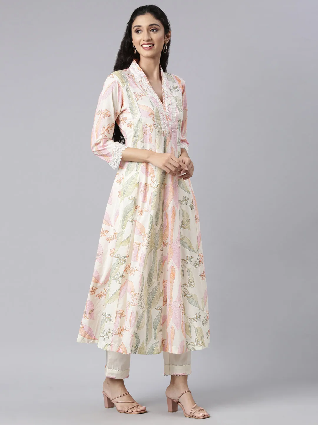 Neerus Cream Panelled Straight Kurta and Trousers With Dupatta