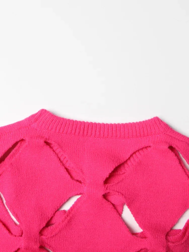 Patchwork Bow Round Neck Hollow Out Sweater