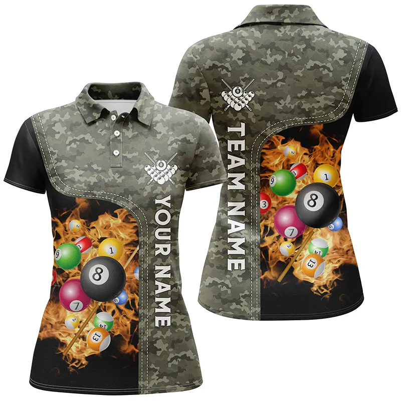 Personalized Fire Pool Balls Billiard Polo Shirts For Women, Custom 3D Billiard Camouflage Women Polo