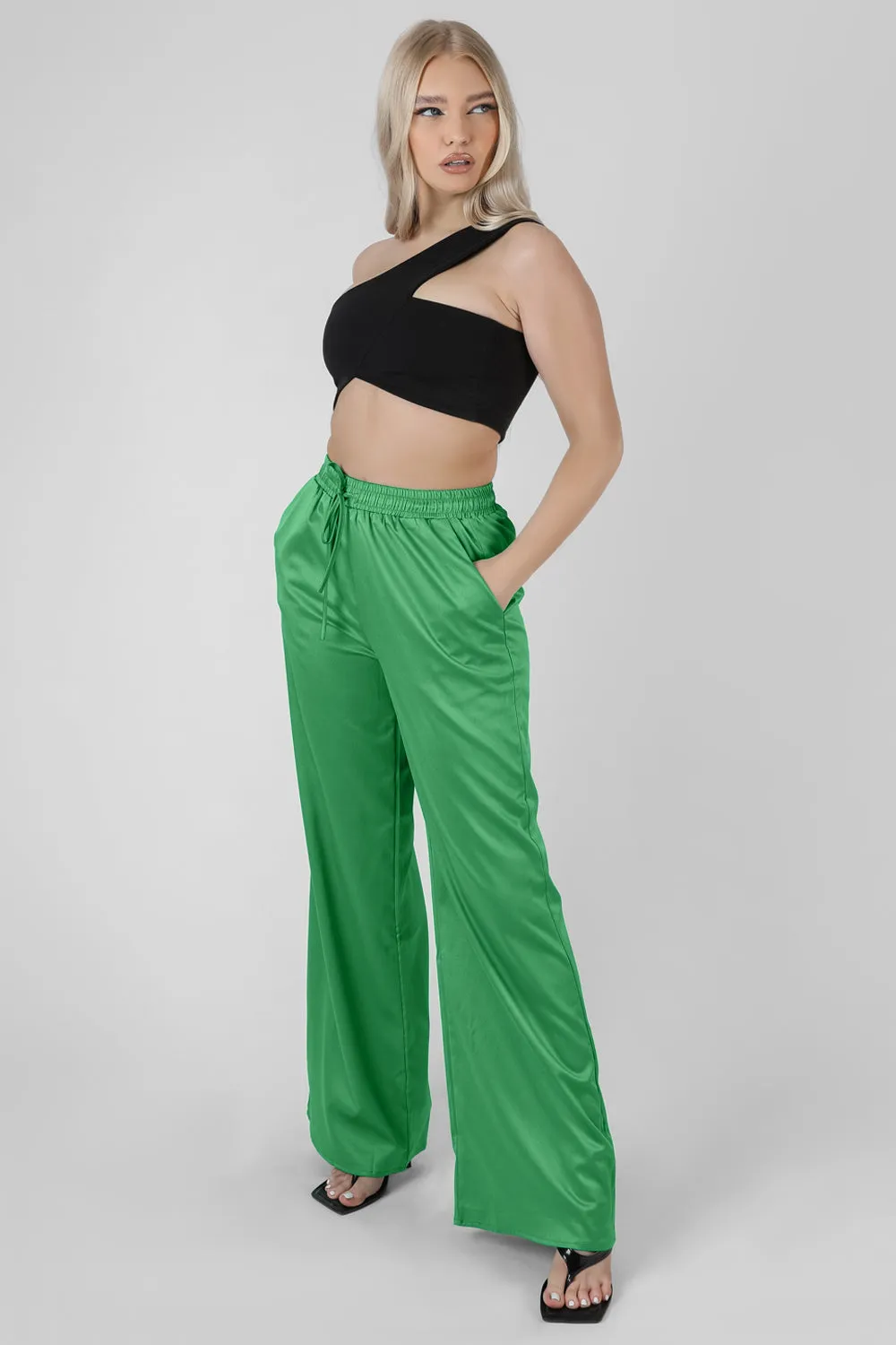 Satin Wide Leg Trousers Green