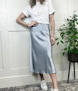 Silver Satin Midi Slip Skirt